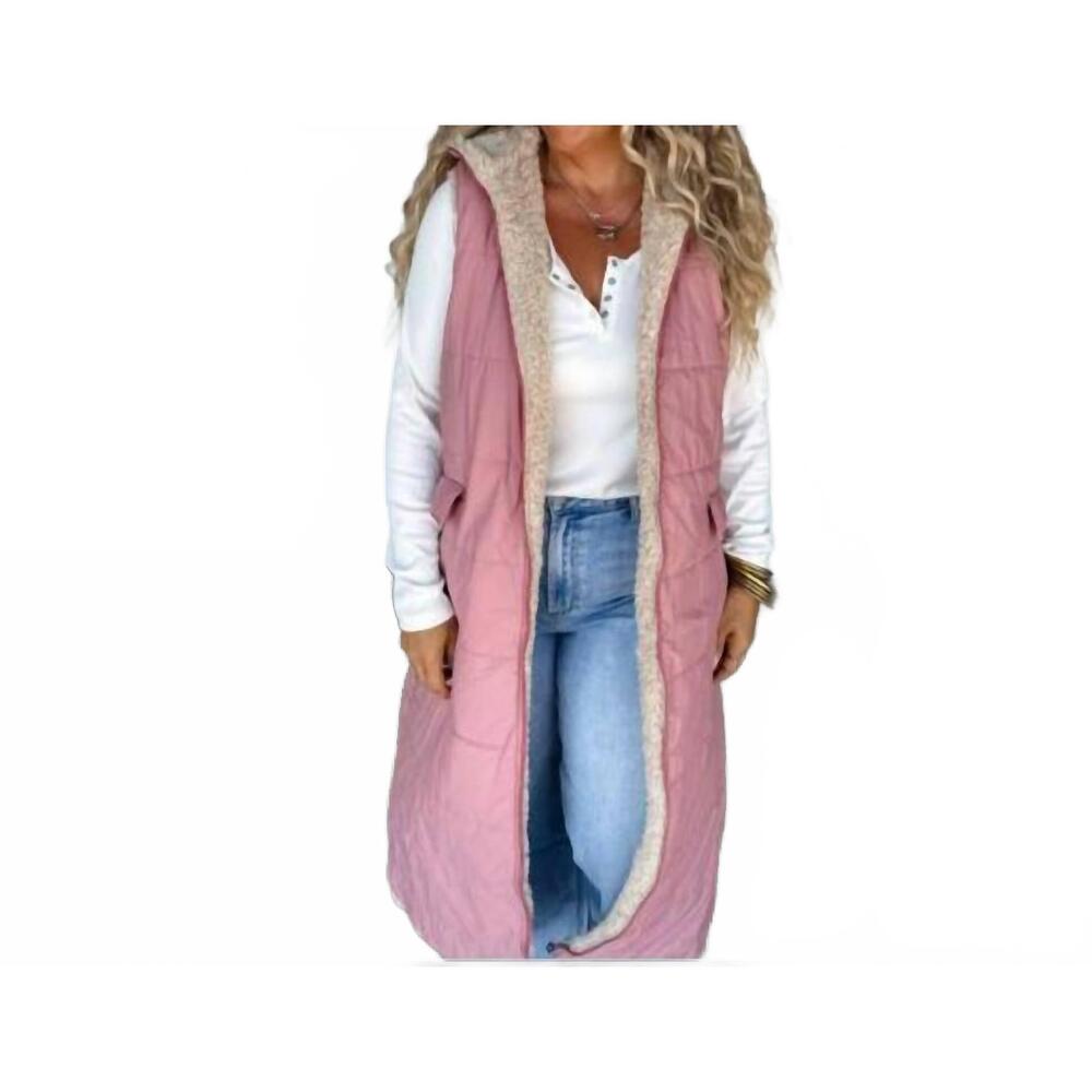 NEW BLAKELY reversible sherpa & puffer long vest in pink